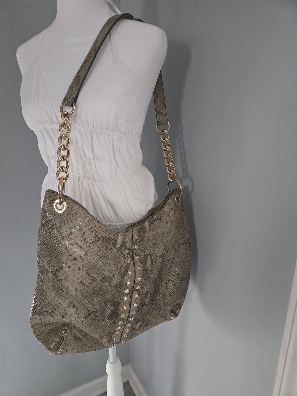 Michael Kors Uptown Astor Python,Taupe Shoulder Hobo with Gold Chain Detail, Y2k